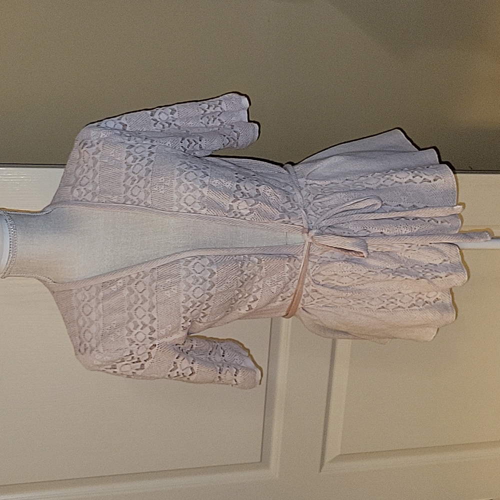Knitted & Knotted cream lace cardigan short slv gathered skirt tie Medium EUC…